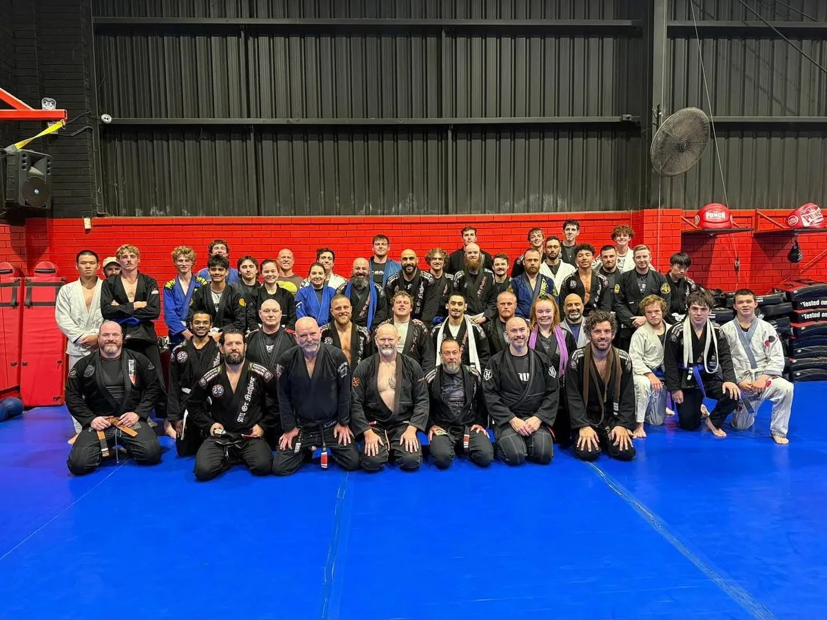 The XFC BJJ class lined up on the mats in their gis